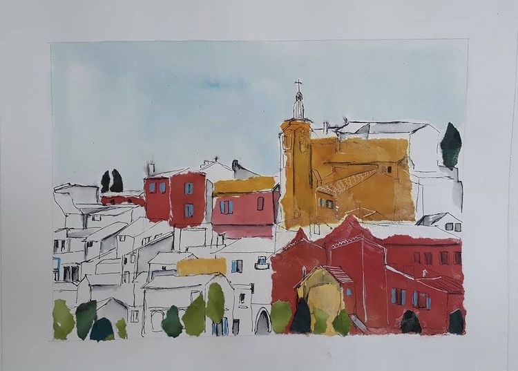 Village du Roussillon encre et collage