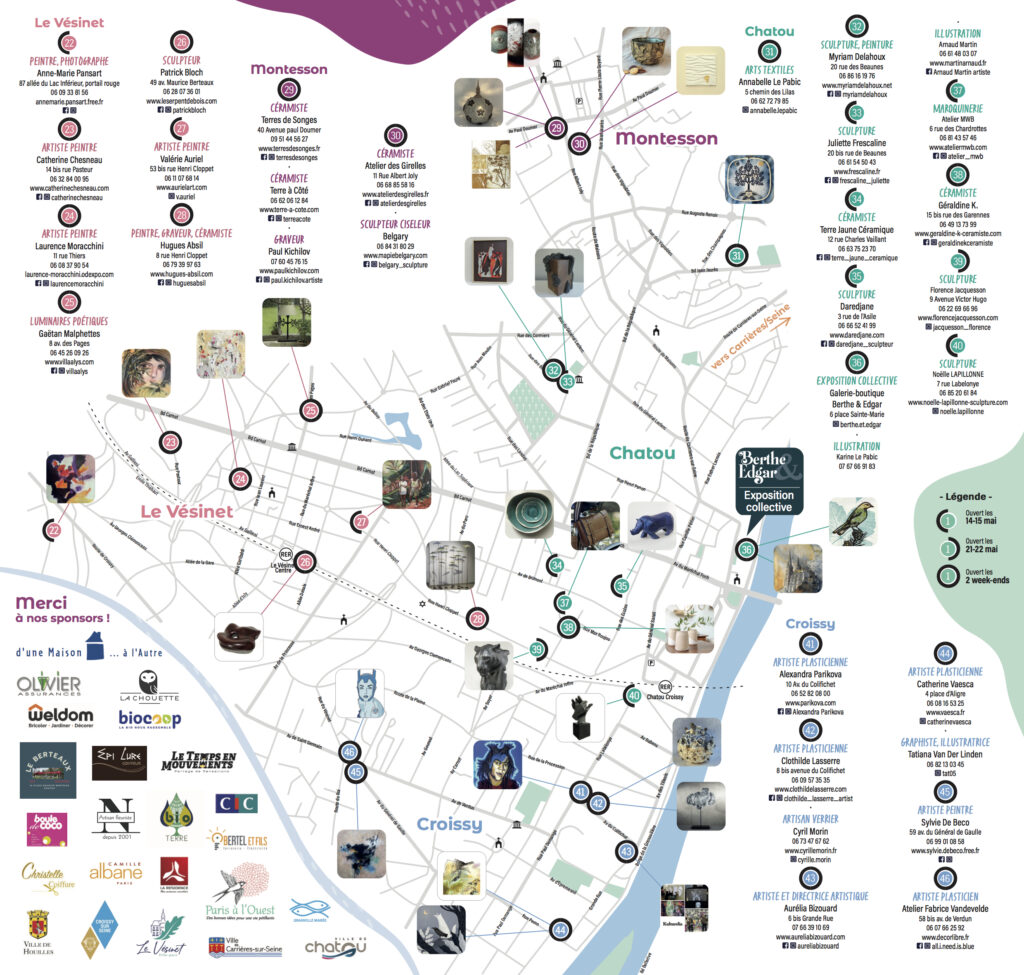 Plan des portes ouvertes des 45 ateliers de créateurs de la Boucle. Montesson. Le Vesinet. Croissy-sur-Seine.