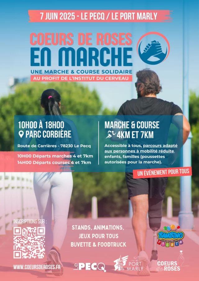 🚶🏻‍♀️Cœurs de Roses en Marche 🏃‍♀️
✅ Le 7 juin, chaussez vos baskets pour une belle cause ! Cœurs de Roses en Marche, c'est un événement sportif et solidaire qui propose une marche et une course de 4 à 7 km, entre Le Pecq et Port-Marly. 
👉 Son objectif ? Soutenir la recherche sur les maladies cérébelleuses et sensibiliser au handicap, tout en récoltant des fonds pour la Fondation du Cerveau. @institutcerveau 
Que vous soyez sportif aguerri ou simple amateur de balades, seul, en duo, en famille ou entre amis, cet événement est ouvert à tous ! Il est aussi entièrement accessible aux personnes à mobilité réduite ou en situation de handicap, avec un parcours sécurisé et adapté.

✅ Préparez-vous à un autre défi pour une cause essentielle; la lutte contre le cancer du sein : le Trek Cœurs de Roses IDF 2025 revient du 17 au 19 octobre 2025 !
👉 3 jours de trek à travers l’ouest de l’Île-de-France, formant un grand ruban rose symbolique. 

👉 Plus d’infos et inscriptions sur ces 2 événements : www.coeursderoses.fr
💖 Ensemble, marchons et courons pour une belle cause !
@coeurs_de_roses 
 @villedupecq  @leportmarly 

#coeursderoses #toussolidaires #ensembleonestencoreplusfort #yvelines #gustaveroussy #solidarité #luttecontrelecancerdusein #association  #engagementassociatif #parisalouest #institutducerveau